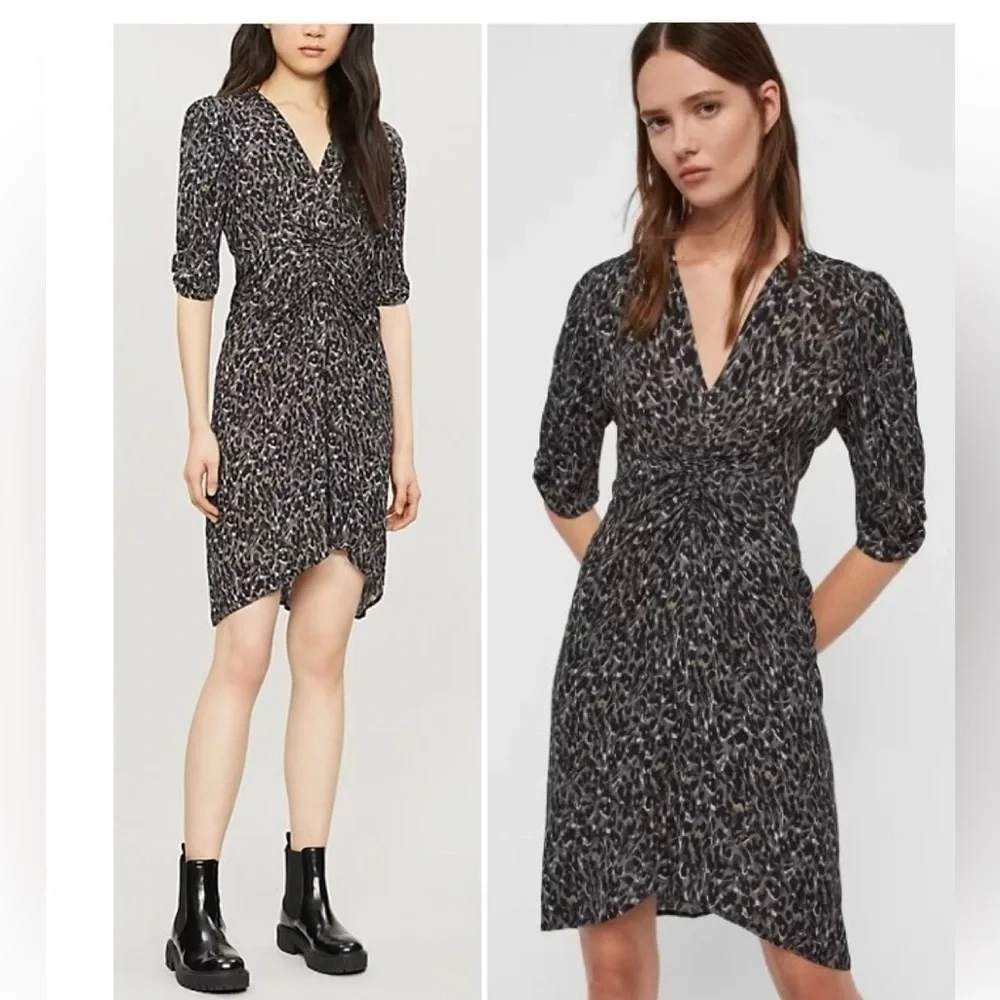 AllSaints Josephine Waterleo Grey Leopard Print Ruched Midi Dress US 4 UK 8